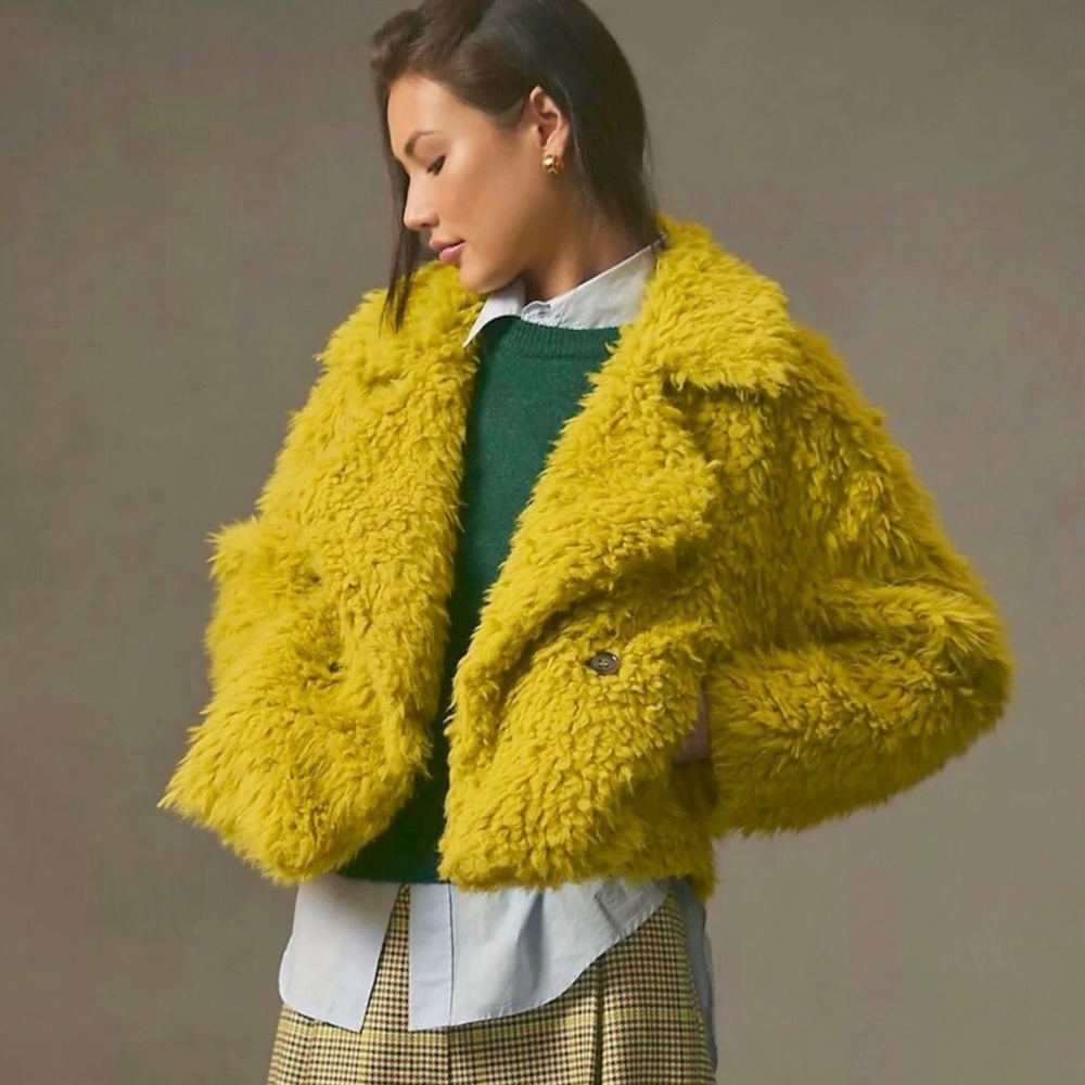 Anthropologie Yellow Teddy Jacket Plush Cozy Outerwear